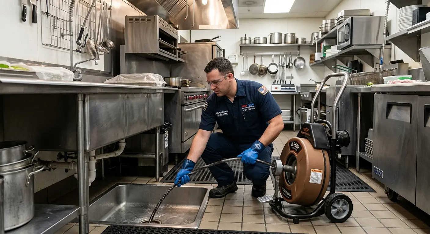 Commercial drain cleaning service in a restaurant kitchen in Ralston