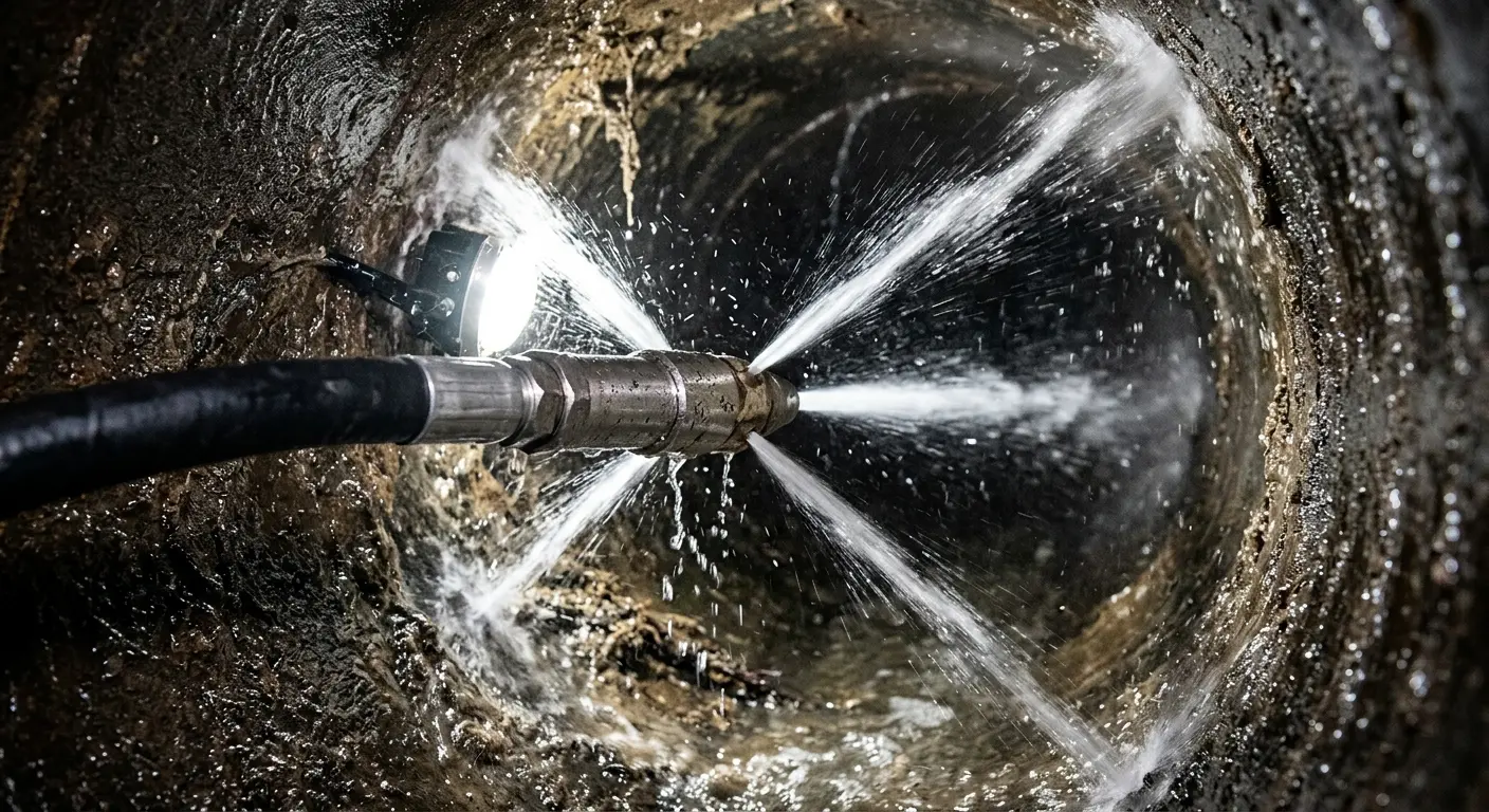 High-pressure hydro jetting nozzle cleaning sewer pipe for Trenchless Sewer Repair in Ralston