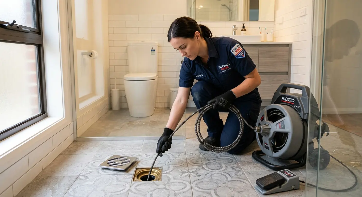 Technician clearing a bathroom floor drain for Drain Cleaning in Ralston